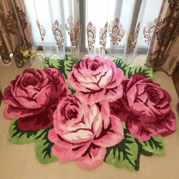 Romantic red blue pink yellow rose flocking rug mats for living room/bathroom/bedroom/wedding carpet handmade tufted floor rugs