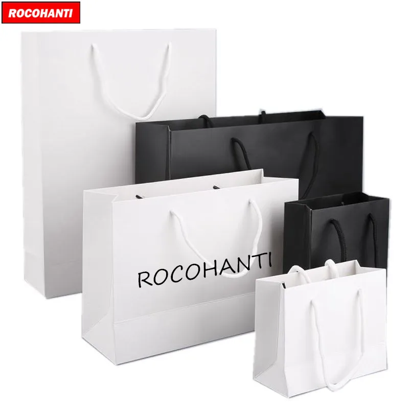 20x Custom Logo Printing Advertising Strong Film Lamination Hologram Paper Bag Black White Shopping Packaging Gift Paper Bags