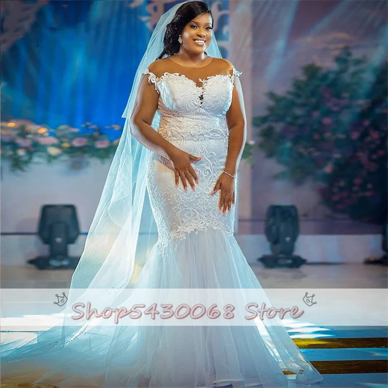 South African Sheer คอหมวกชุดแต่งงานลูกไม้ Mermaid Tulle Sweep Train ชุดเจ้าสาว Plus ขนาด Vestidos แต่งงาน