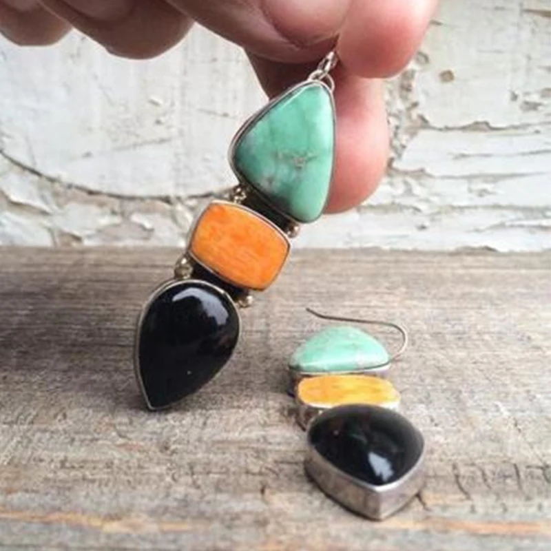 Pendientes colgantes de piedra irregulares geométricos para mujer, gancho étnico tibetano, joyería de fiesta de boda