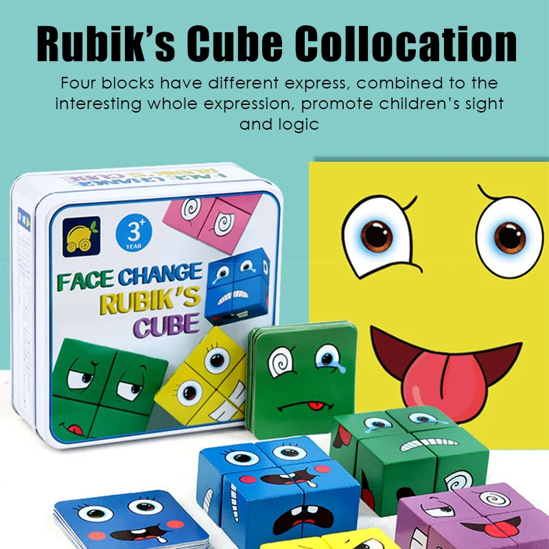 New Montessori Expression Puzzle Face Change Cube Building Blocks Toys Early Learning Educational Match Toy for Children Gift