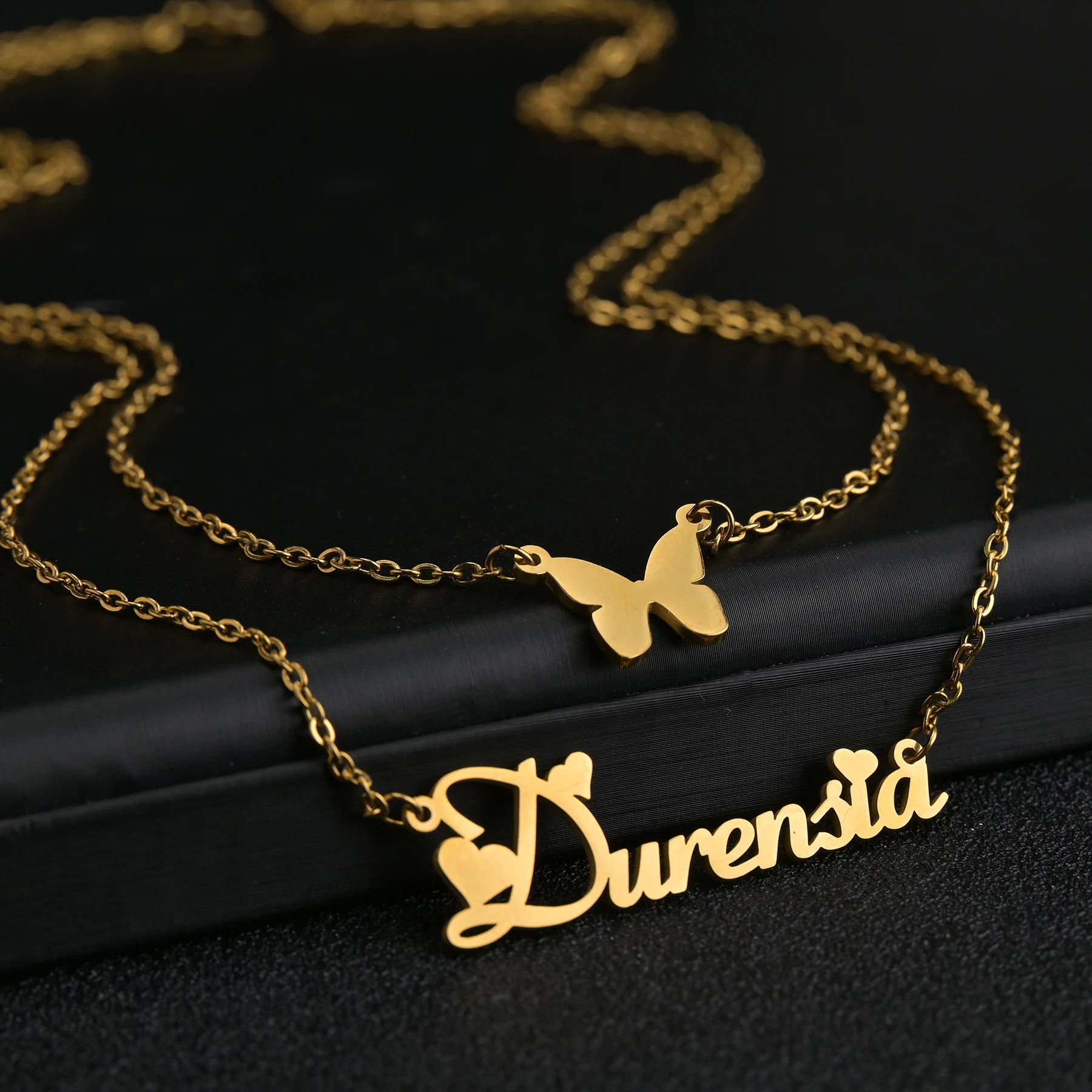

Personalized Name Necklace For Women Gold Stainless Steel Custom Letter Crystal Butterfly Pendant Choker Jewelry Gifts