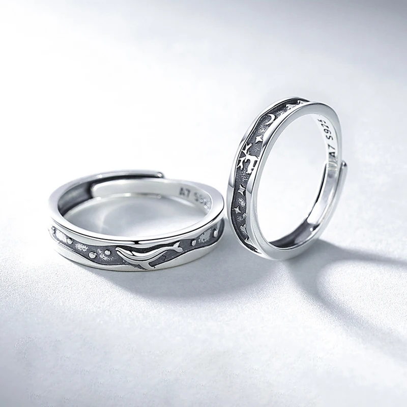 Vintage Creative Couple Rings for Lovers Statement Silver Color Engraving Whale Elk Star Moon Open Engagement Wedding Band Gift