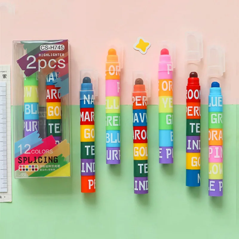 6 Color In 1 Highlighter Marker Pen Creative Stitching Solid Fluorescent Pen Graffiti Painting Pens Kawaii Stationery