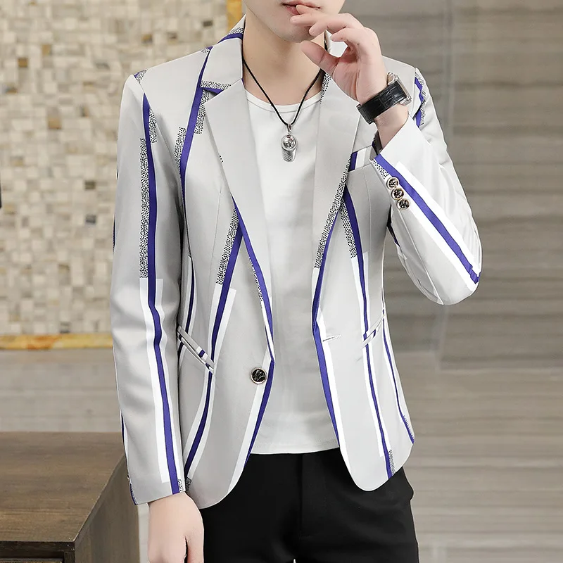 

2023 autumn New Men's Striped Printed Slim-Fit Trendy blazer Youth Handsome blazer