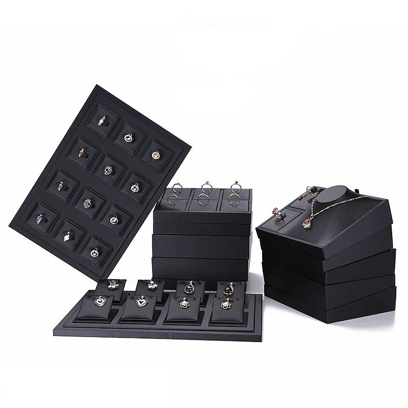 Luxury Black Pu Leather Ring Jewelry Display Tray Insert Charm Pendant Earring Accessories Retail Jewelry Store Window Showcase