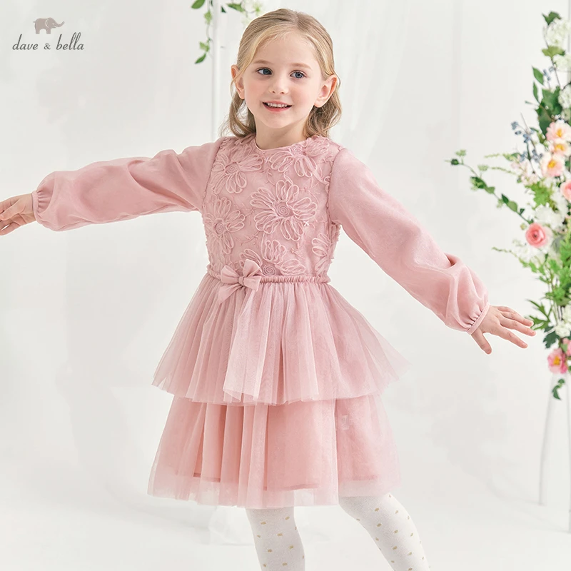 

DK1220188 dave bella spring girl's fashion 5Y-13Y sweet bow style dress children sweet dress kids infant lolita clothes