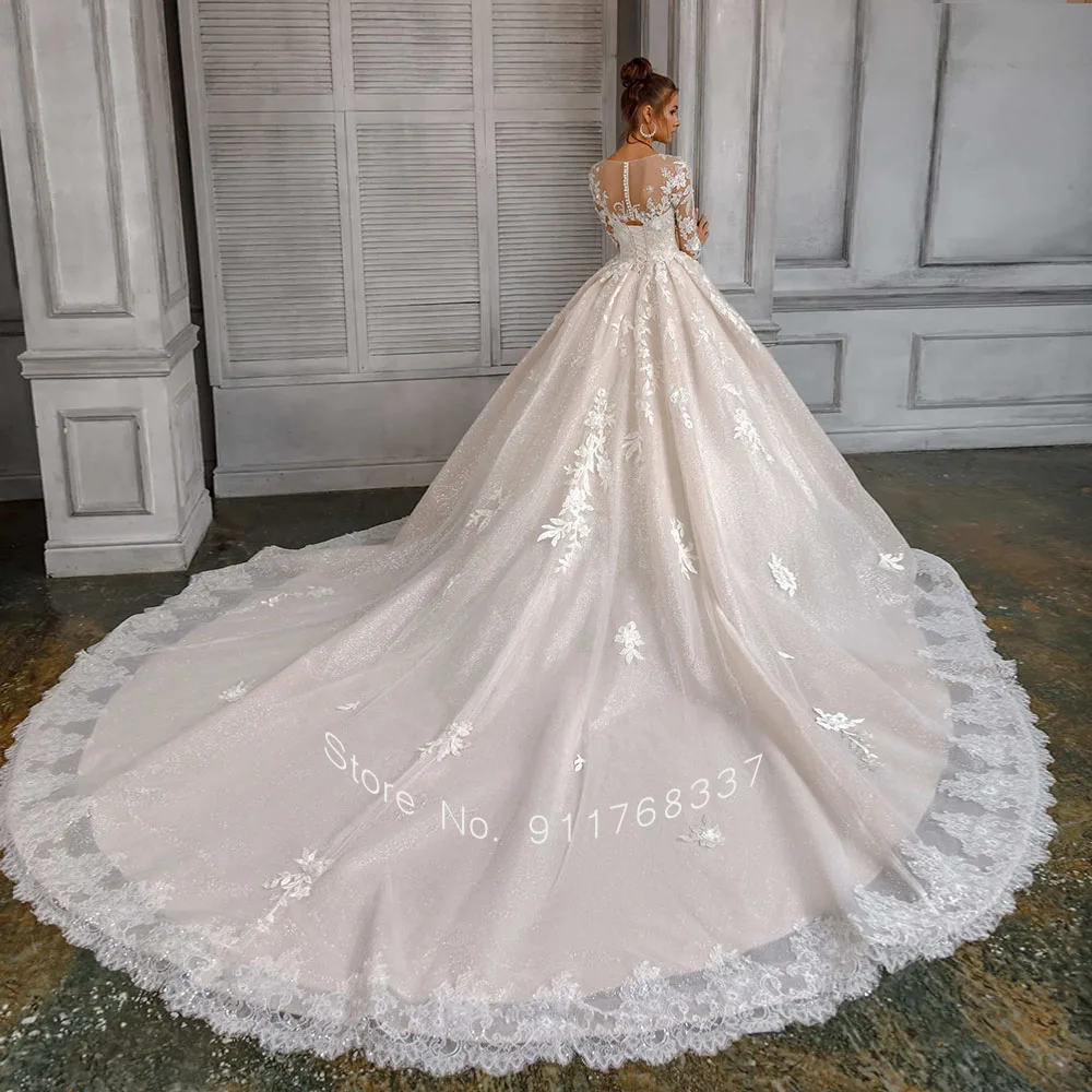 Trouwjurk Long Sleeve Ball Gown Wedding Dress O-Neck Princess Hochzeitskleid Illusion Back Luxury Robes De Mariage Bride Dresses