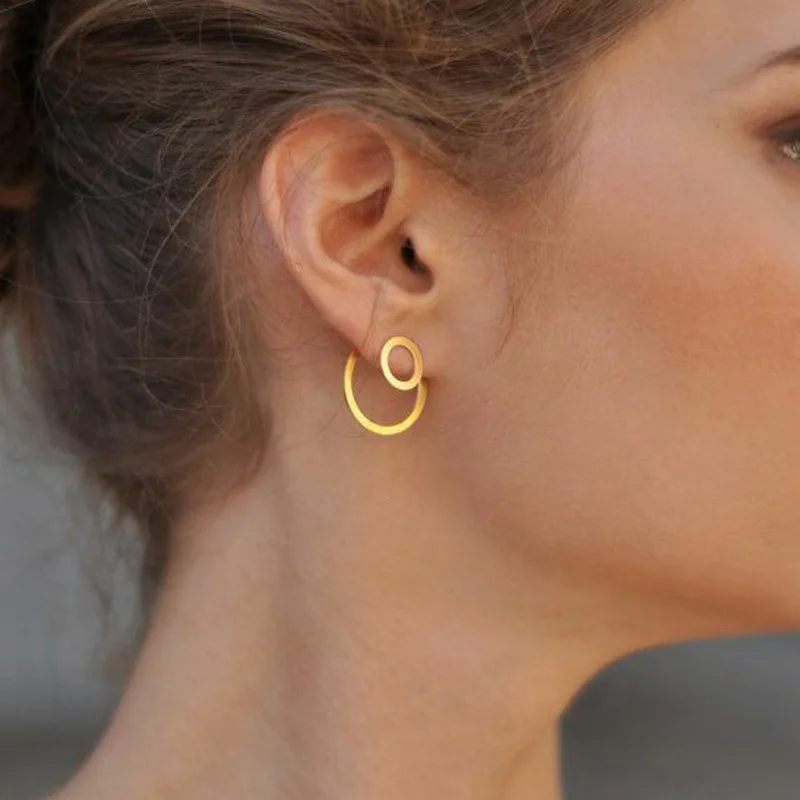 New Trend Front And Back Double Circle Stud Earrings For Women New Jewelry Simple Gold Color Alloy Round Ear Jewelry Wholesale