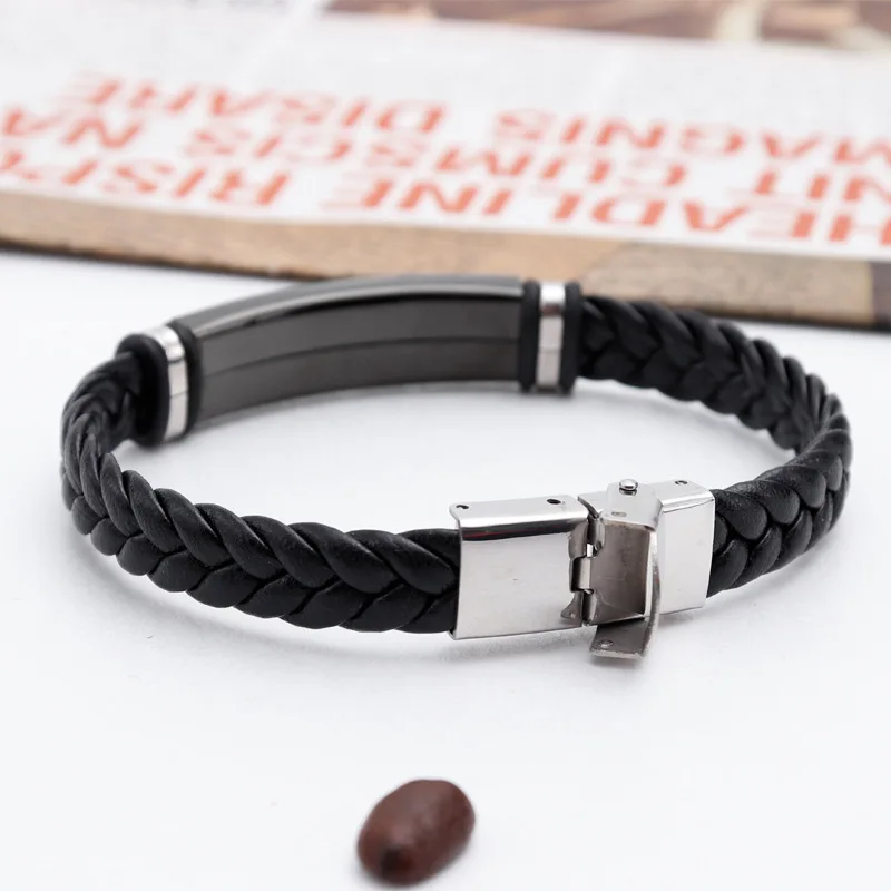 10mm Stainless Steel Blank ID Tags Leather Bangles For Engrave Leather Braid Bracelet With Metal Plate Wholesale 50pcs