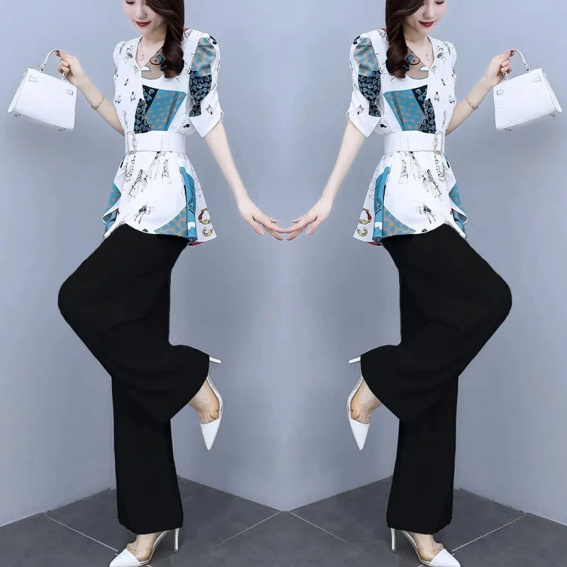 Women's Chiffon Wide Leg Pants Full Pants Set, V-Neck Short Sleeve, Slim Patchwork Print, Summer Suit, New Fashion, 2024, 2 Pcs