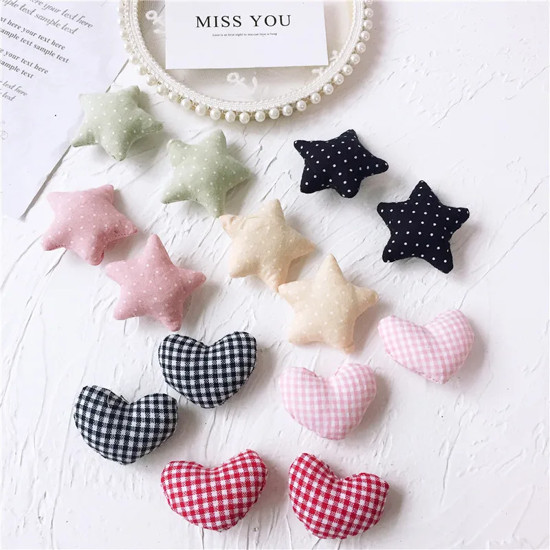 DIY Handmade Fabric Wave Point of Heart and Star Patches, Appliques for Clothes, Girls Hair Decoration, 4-5cm, 15 PCs/Lot