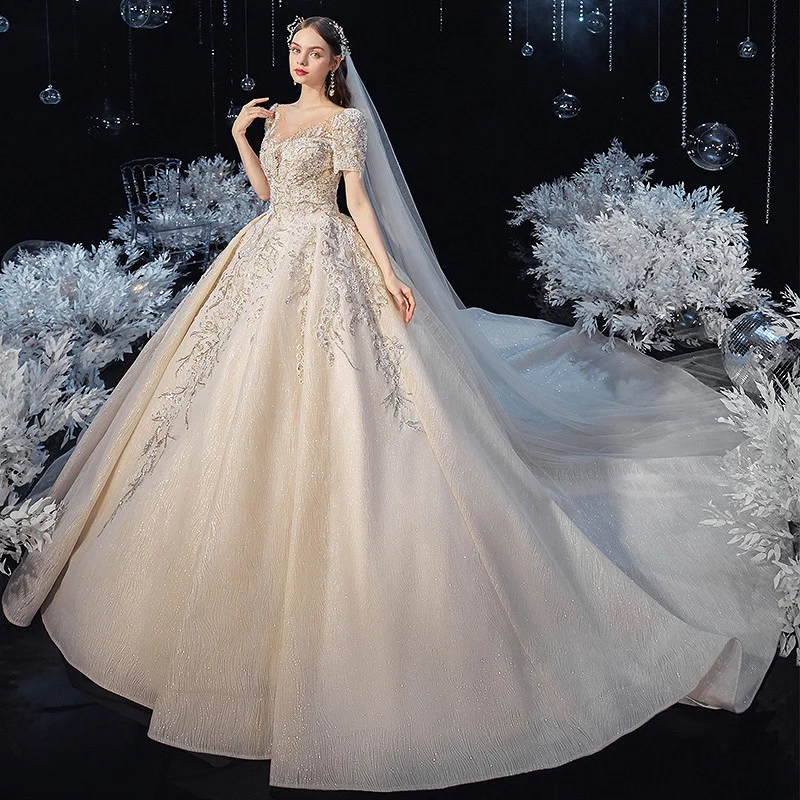 Luxury Ivory Wedding Dresses Scoop Collar Short Sleeve Bling Crystal Beading Cathedral Train Elegant Princess Bride Dresses New