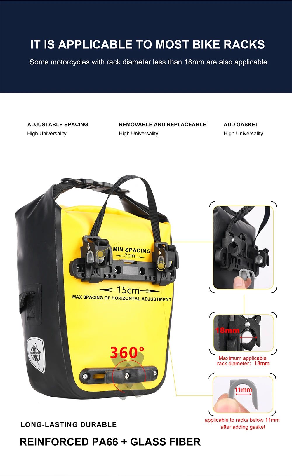 Rhinowalk Fahrradtasche, 7 l, erweitern, 10 l, wasserdicht, Fahrradtasche, Gepäckträger, Kofferraumtasche, MTB, Rennrad, Radfahren, Umhängetasche, Zubehör – Detail 7