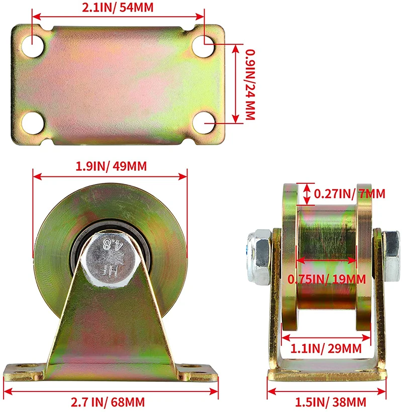 Roulette rigide de type H pour rail de tube carré, porte roulante, machines industrielles, rapDoor, charge 680kg, 2 po