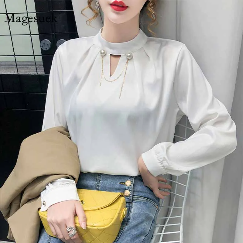 Elegant Autumn Korean Satin Long Sleeve Shirt Ladies Solid Color Chiffon V-shaped Hollow Pearl Neckline Stand Collar Tops 12061