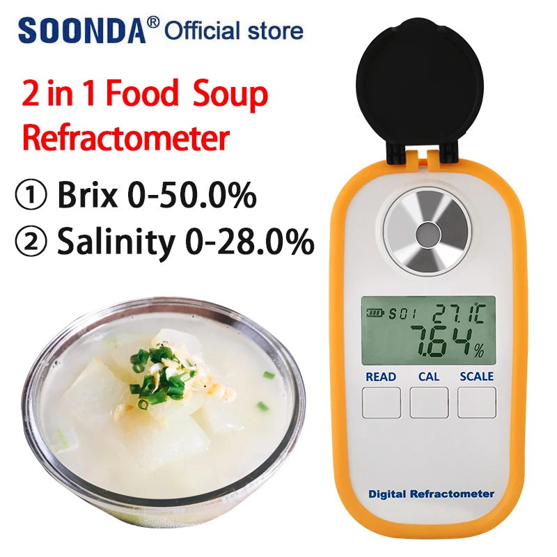 

2 in 1 Food Sauce Soup Salinimeter Refractometer 0-50.0%Brix Meter Tester 0.0-28.0% Salinity Tester Measuring Instruments Tools