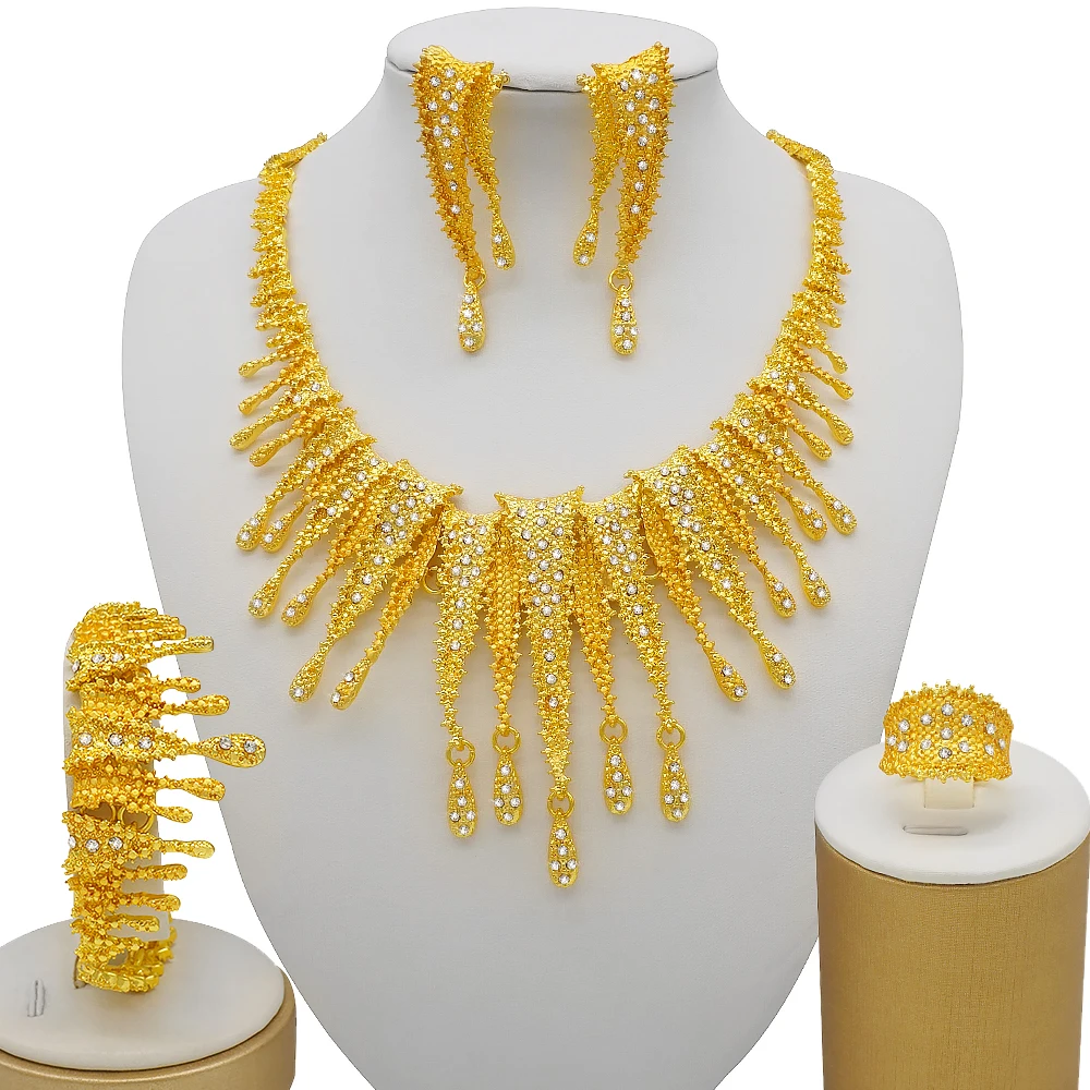 

Ethiopia 24K Gold Color Dubai Jewelry Sets Women African Party Wedding Gifts Necklace Earrings Bracelet Ring Jewellery Sets