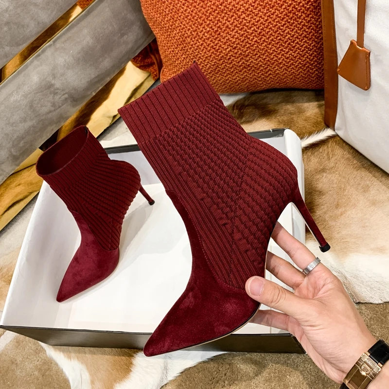 

Sock Booties Elastic Fabric Burgundy Slip On Sexy Pointed Toe Women Dress Boots Thin High Heel Ankle Autumn Winter Boots