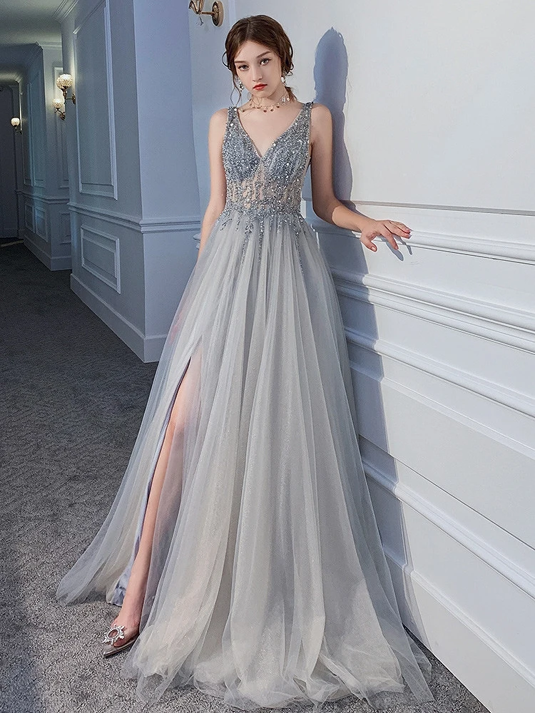 

Gray Silver Prom Evening Dresses Side Split V-Neck A-Line Luxury Beading Sleeveless Wedding Formal Party Bridesmaid Gown 2025