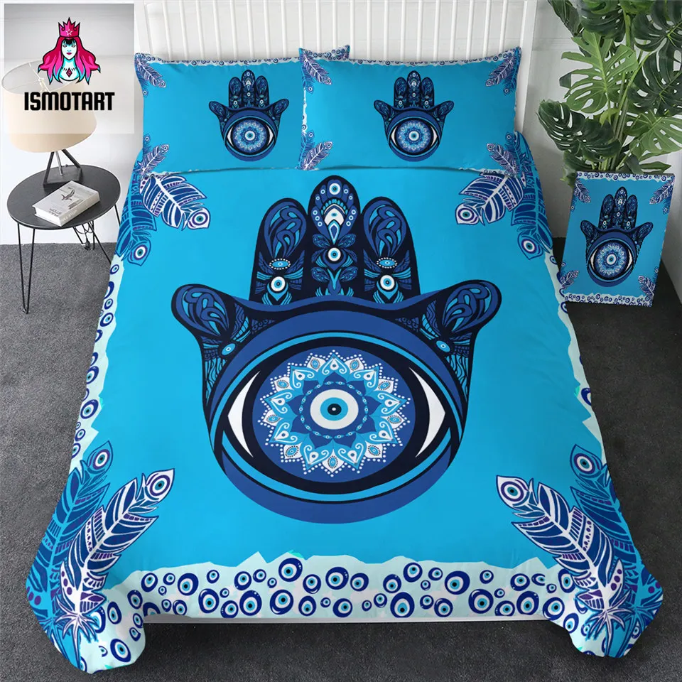 Evil Eye Hamsa by Ismot Esha Bedding Set Mandala Duvet Cover Hand Blue Comforter Cover Hippie Bed Set Peacock Feather Bedclothes