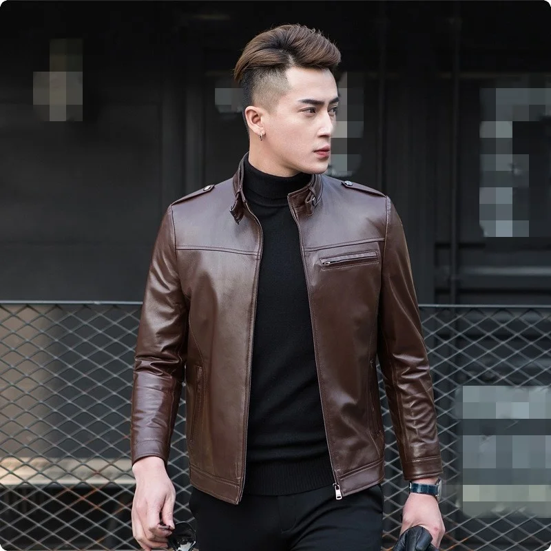 

Mens Luxury Slim Fit Genuine Leather Jacket Stand Collar Autumn Windproof Short Motor Coat Man 100% Sheepskin Aviation Jacket