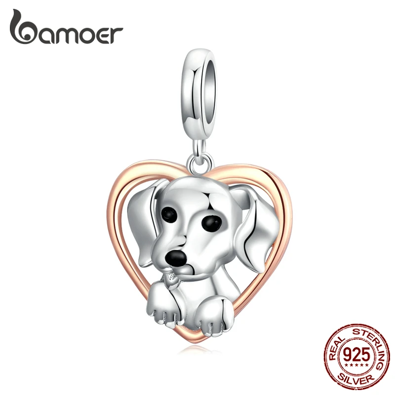 BAMOER Cute Puppy Plated platinum 925 Sterling Silver Retro Vintage  Metal Charm for Original silver Bracelet DIY Make SCC1611