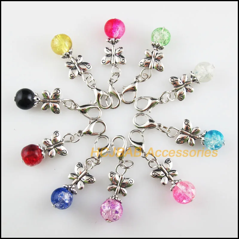 10 New Butterfly 11x22mm Charms Mixed Shivering Glass Tibetan Silver Plated Retro With Lobster Claw Clasps