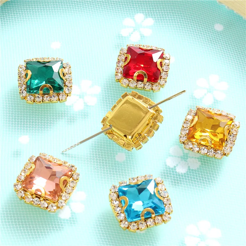 8mm 10mm 12mm 14mm Crystals Square Glass Sew on Rhinestones With Golden Claw Flatback Sewing Supplies Stones For Diy Clothing