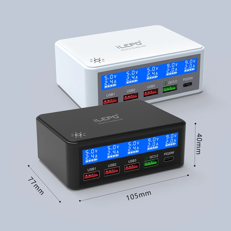 ILEPO-Carregador Multi USB, PD 20W, QC 3.0, Carregamento Rápido, 65W, Tipo C, iPhone, Samsung, OPPO, Vivo Phone, HUB
