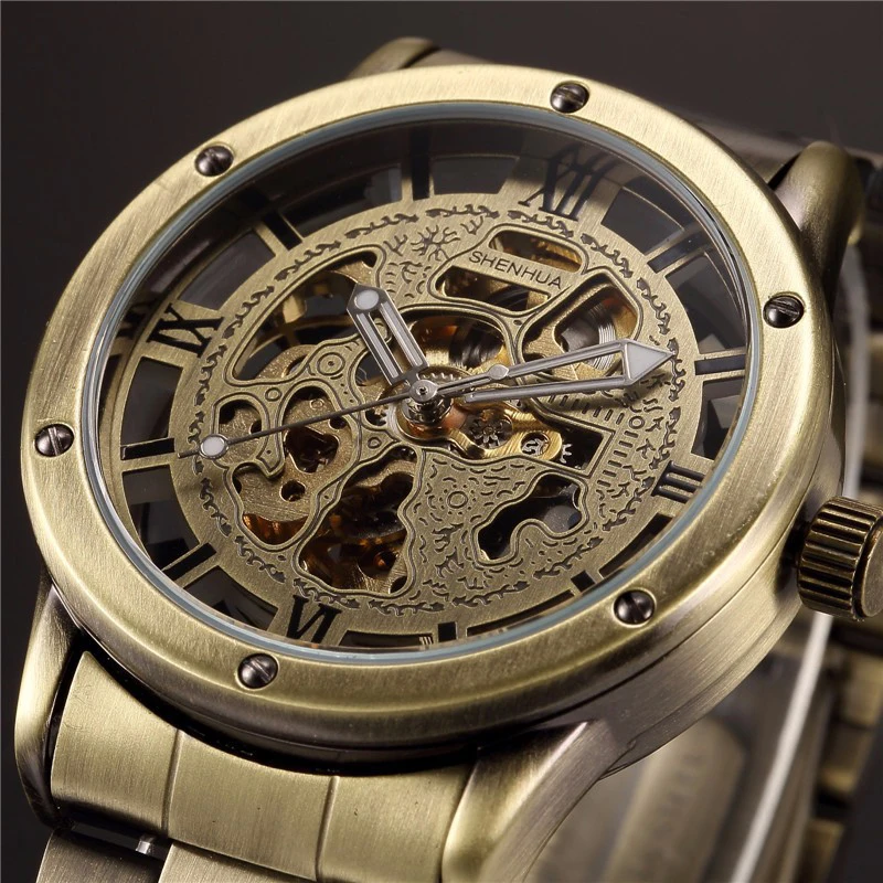 

Fashion Vintage Watch Men Skeleton Watches Shenhua Retro Bronze Stainless Steel Automatic Mechanical Wristwatches Reloj Hombre