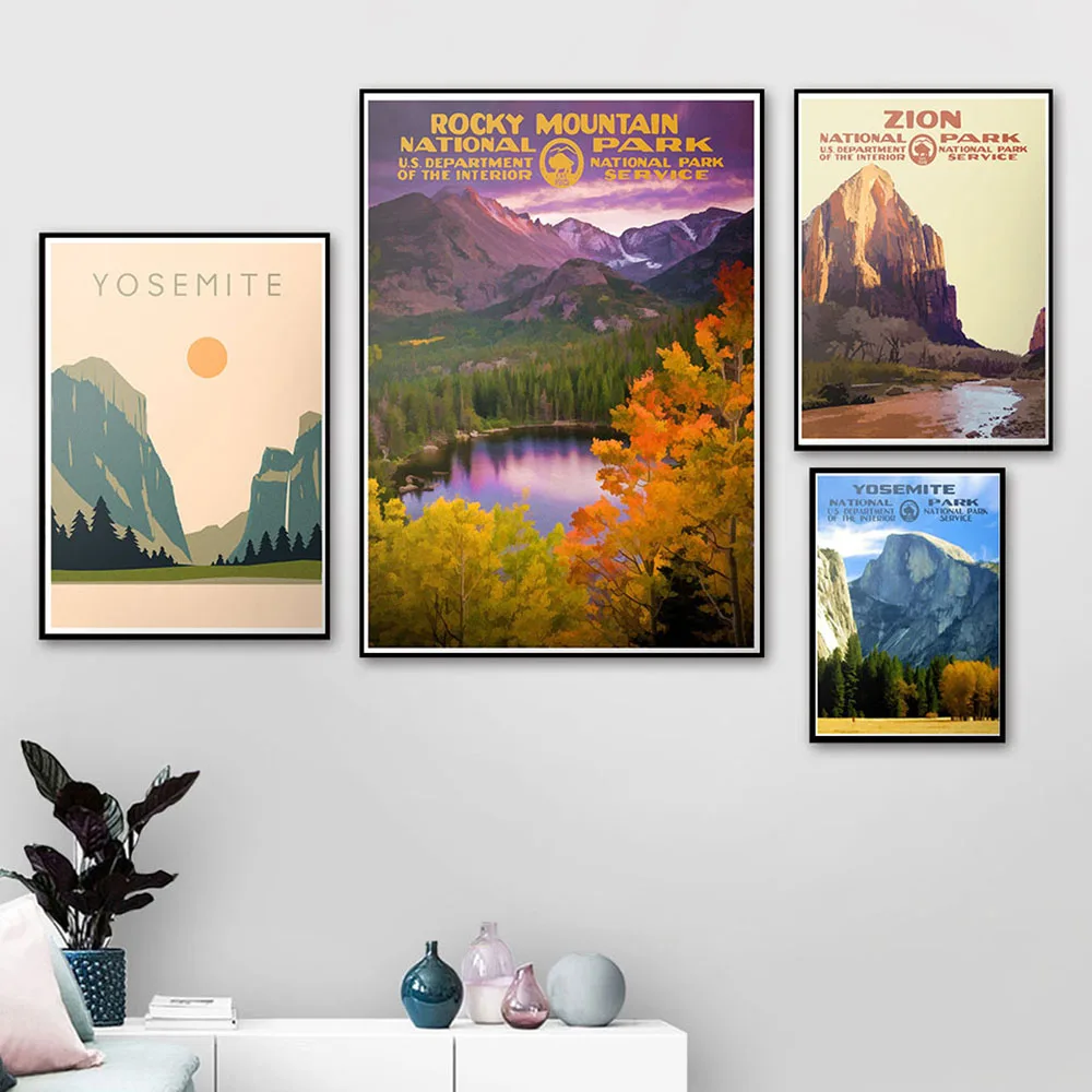 National Park Painting Yosemite Rocky Mountain Vintage Landscape Pictures Poster Prints Wall Art Canvas Room Home Decor No Frame