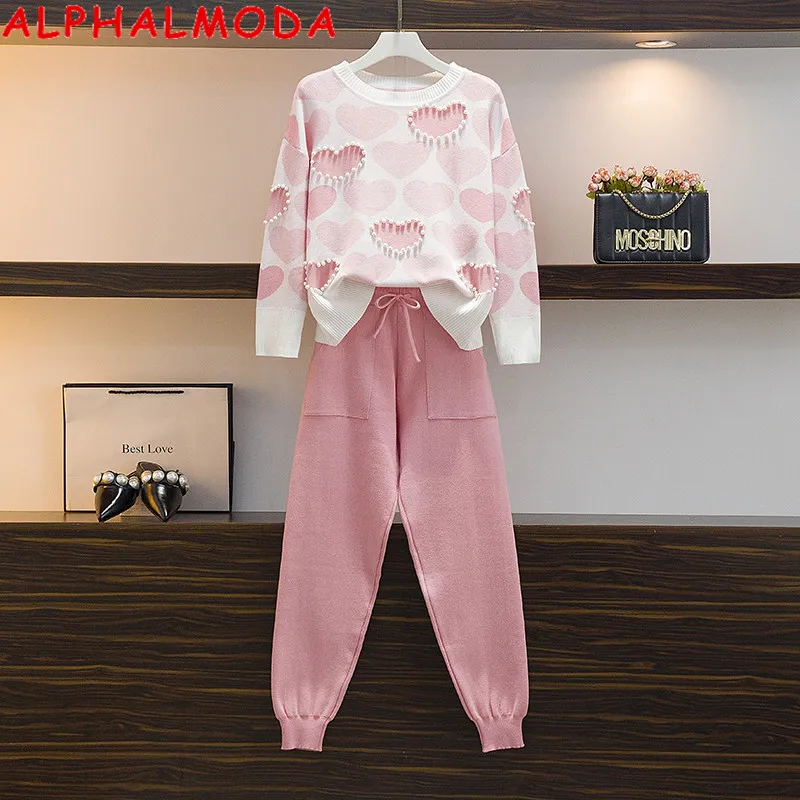 ALPHALMODA 2020 Trendy Love Heart Beaded Sweet Long-sleeved Sweater + Pants Women 2pcs Fashion Suit Pink Blue Hit Color Set