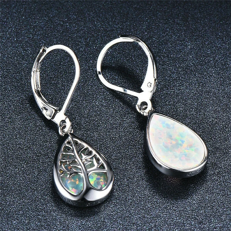 Elegant Silver Life Tree Filled White Simulated Opal Hoop Earring Bridal Gift