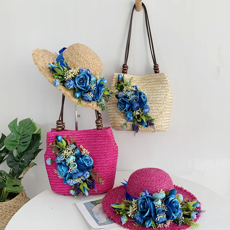 Bolsa feminina rattan, moda verão palha azul flores artificiais cravejadas bolsa de ombro chapéu