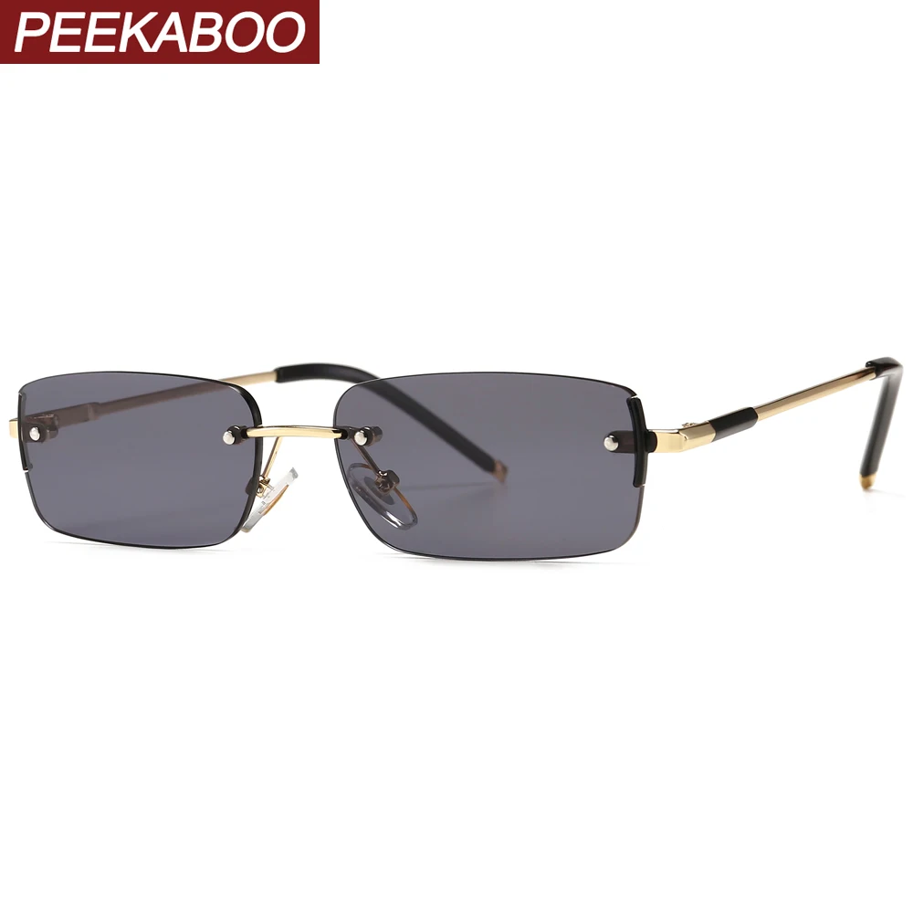 Peekaboo narrow rectangular sunglasses for men rimless metal small retro sun glasses for men uv400 gold blue green 2021 summer