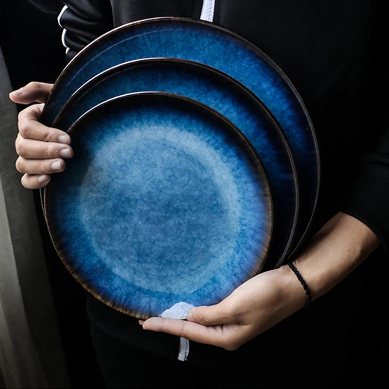 Nordic Ceramic Tableware Household Creative Ceramic Plate Blue Tray Tableware Retro Steak Western Fruit Plate High-end Tableware