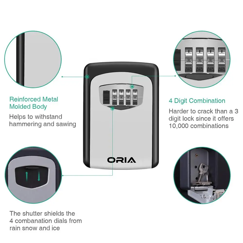 ORIA 4 Digit Combination Durable Key Storage Lock Box Wall Mounted Safety Key Lock Box Large Storage Capacity