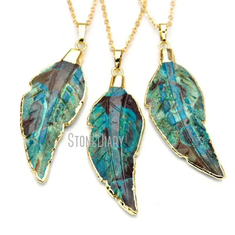 

NM19494 10Pcs Blue Sea Sediment Jaspers Gold Color Chain Feather Necklace 18inch-32inch