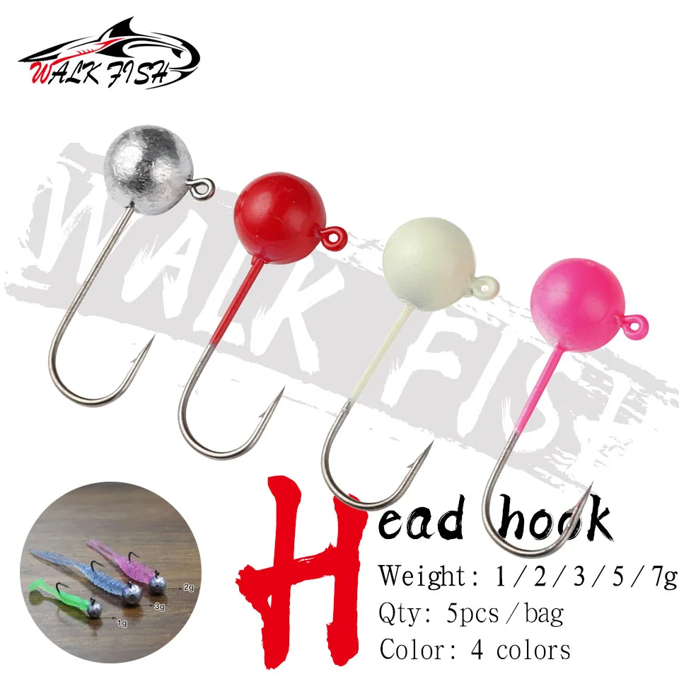 WALK FISH 5PCS/Lot Fishing Jig Head Hook 1g 1.5g 2g 3g 5g 7g Ball Jig Head Worm Bait Hook Fishing Jigs for Bass Fishing Hook