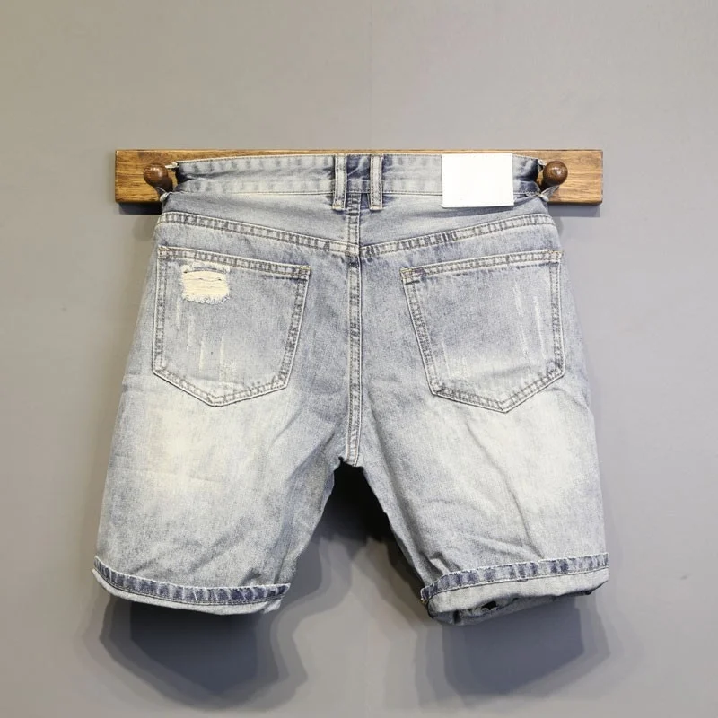 

Street High Hole Korean Style Slim Denim Shorts Vintage Mens 2022 Summer Fashion Casual Straight Pockets Knee Length New