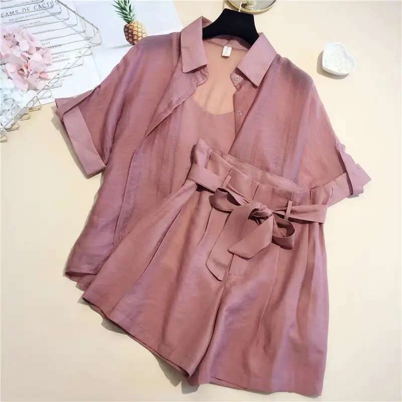 Summer  Women\'s 3 Pieces Sets Chiffon Blouse Tank And Elastic Waist Shorts Belt Female Set 2023 Casual Lady Suit