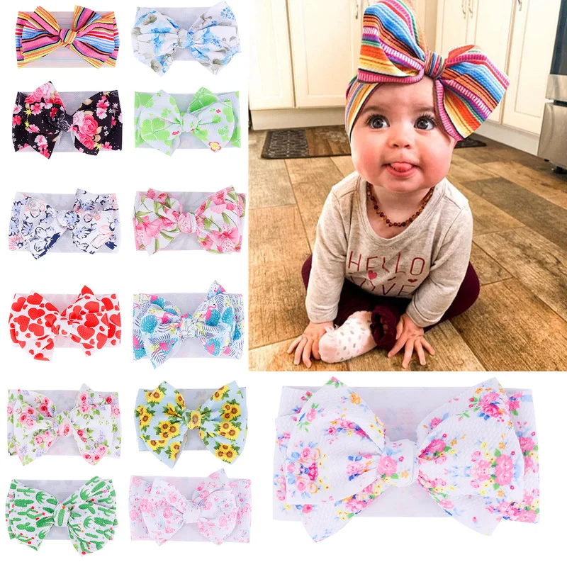 One Size Fits All Baby Girls Boys Flower Printed Headband Floral Rainbow Colorful Messy Bow Turban for Newborn Infant Headwrap