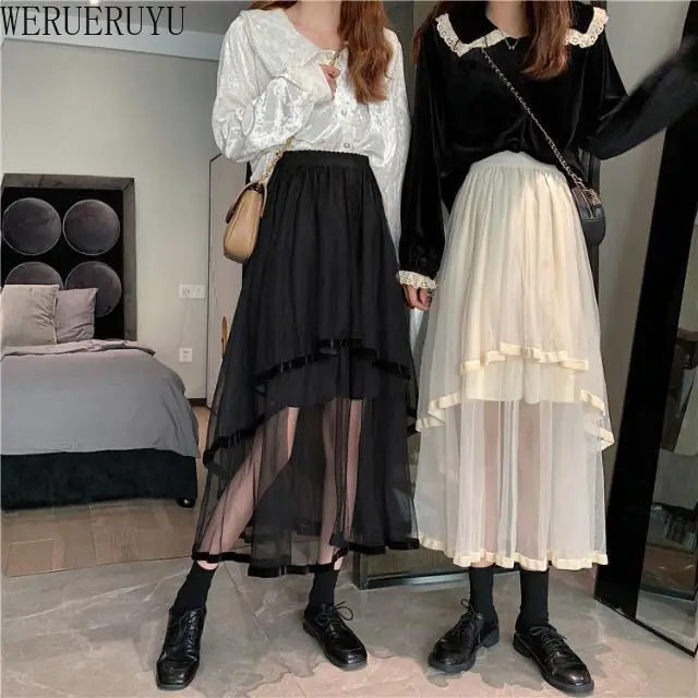 WERUERUYU Mesh Skirt 2021 Autumn Winter New High Waist Slim Temperament Mid-Length Korean Style Women's Skirt