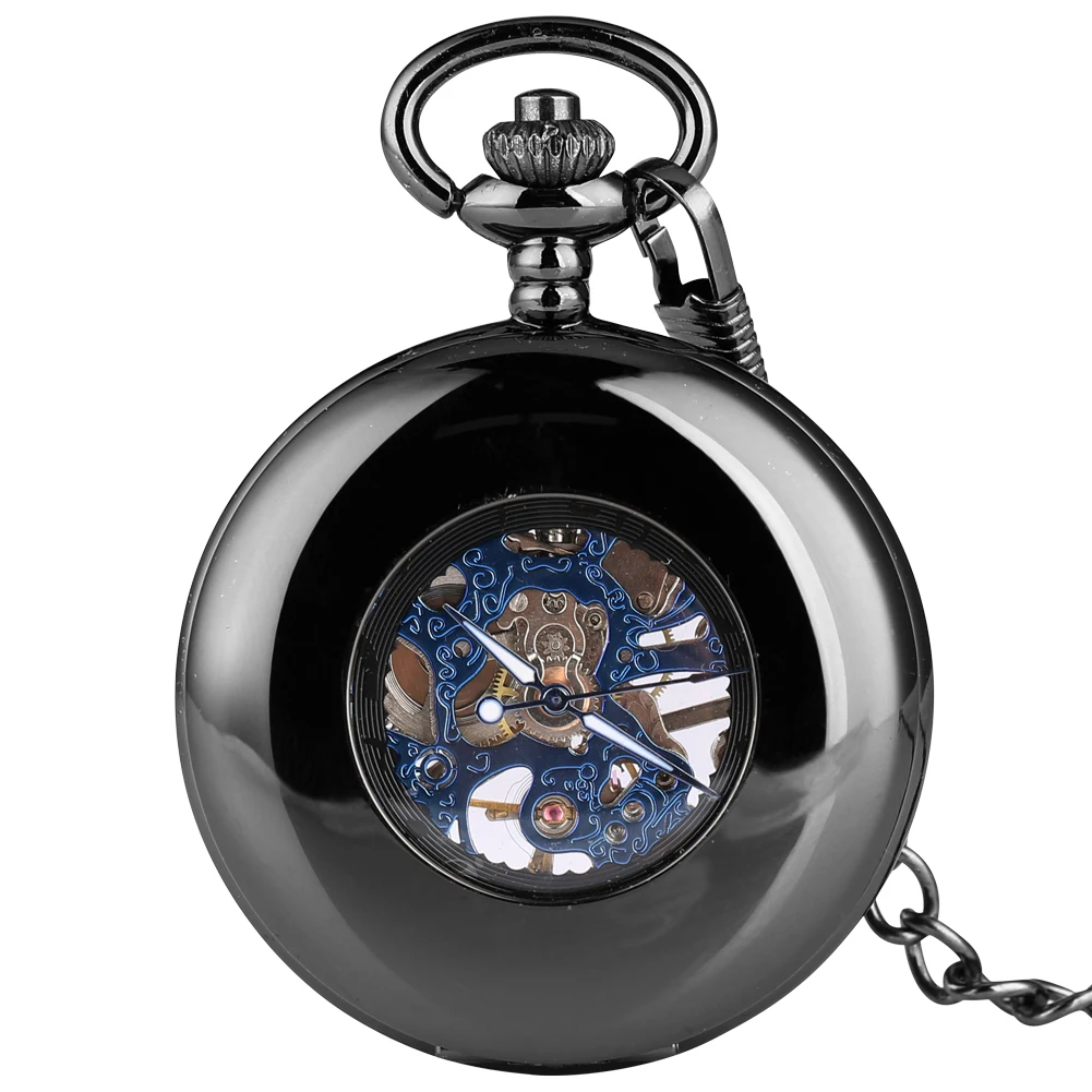 Montre de poche noire ajourée, boîtier lisse avec cadran bleu, pendentif mécanique, collier avec chaîne, horloge