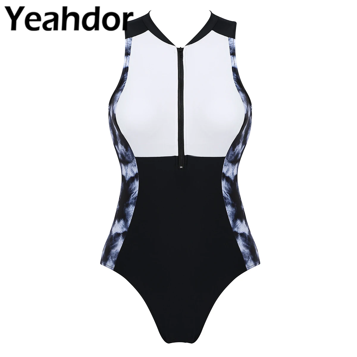 

One Piece Swimwear for Women Athletic Beachwear Zip Front UV Protection Sleeveless Print Swimsuit Female Swimming Bathing Suits