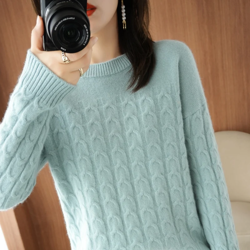 100% Pure Wool Cashmere Sweater Autumn/Winter 2021 Women\'s O-Neck Pullover Twist Casual Knitted Top Long-Sleeved Females Jacket