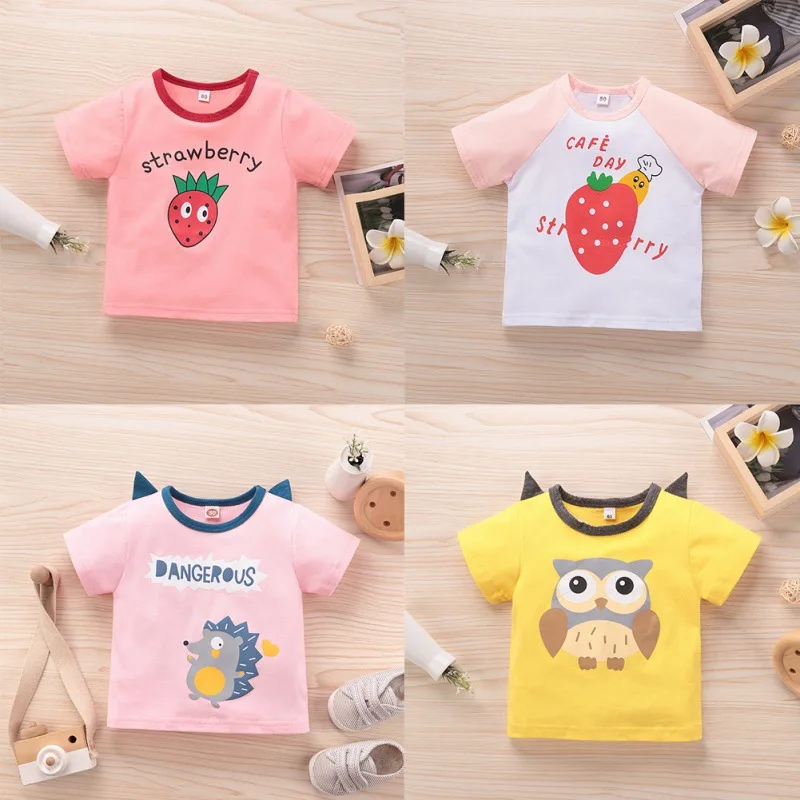 2021 Summer Children Baby Boy Girl Short Sleeve Letters Cartoon Animal Fruit Print Cotton Casual T-Shirt Tops