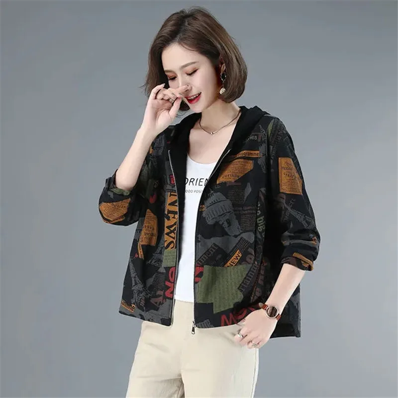 Women Pring grace Print Short Hooded Looes Jacket Female 2024 Autumn New Korean Splice Coat Women Casual Zipper Jacket A102