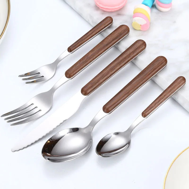 

Jaswehome Wood Grain Handle Tableware Set Western Style Knife Fork Spoon Set 430 Stainless Steel Dinnerware Cutlery